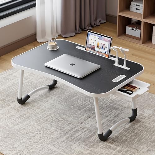 Portable Laptop Bed Table with Cup Holder, Multifunctional Tray Holder with Tablet Card Slot-Perfect for Eating, Reading, Writing On The Bed, Sofa, Or Floor - Stable (Upgraded Black)