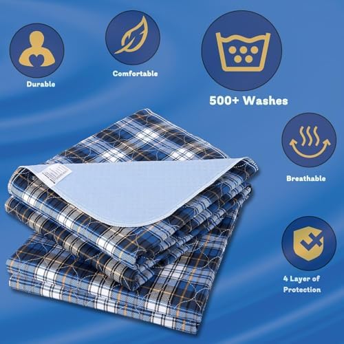 Washable Bed Pads, Non-Slip Bed Pads for Incontinence (36"" x 72"", 2 Pack) - Waterproof and Reusable Underpads for Adults, Kids, and Pets, Blue
