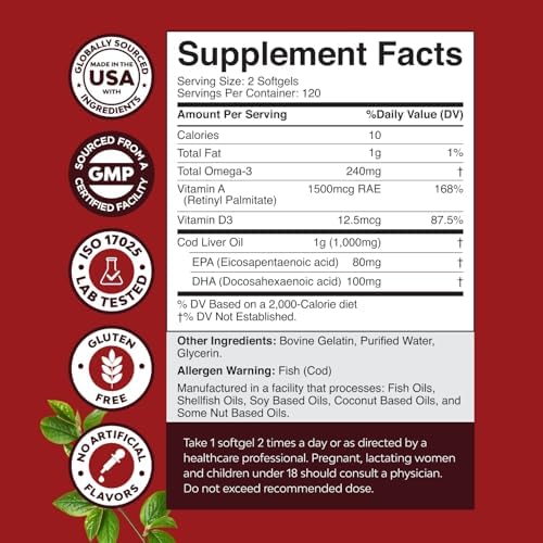 Icelandic Wild Caught Cod Liver Oil Softgels - Fish Omega 3, EPA, DHA, Vitamin D & A, 1000mg Per Serving - Burpless Capsules for Healthy Heart, Healthy Joints, Brain & Immune Support - 240 Count