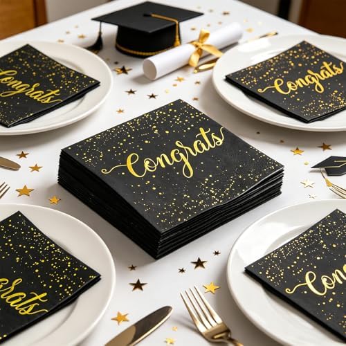 Whaline 80 Pack Congratulations Paper Napkins 5 x 5 Inch Gold Foil Congrats Cocktail Napkins Black Graduation Party Disposable Beverage Napkins for Engagement Graduation Baby Shower Celebration Party