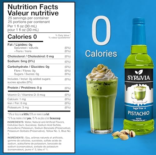 Sugar-Free Pistachio Syrup by Syruvia 6-Pack, 25.4 fl oz, Wholesale Coffee Syrup Shops, Cafes, Baristas, Bistros, & Beverage Bars, Bulk Kosher & Gluten-Free