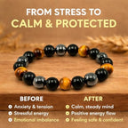 Handmade Triple Protection Bracelet – Tiger Eye, Hematite & Obsidian 8mm Natural Crystal Beads, Healing Natural Stones for Strength, Energy & Balance, Men & Women, 7.48 Inches – Supports Chakra Healing