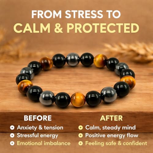 Handmade Triple Protection Bracelet – Tiger Eye, Hematite & Obsidian 8mm Natural Crystal Beads, Healing Natural Stones for Strength, Energy & Balance, Men & Women, 7.48 Inches – Supports Chakra Healing