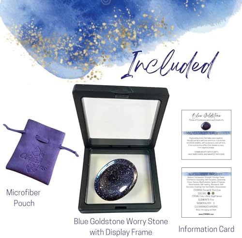 Blue Goldstone Oval Thumb Worry Stone - Healing Crystals for Anxiety & Worry Relief, Calming, Meditation, Reiki with Gemstone Info Card & Premium Bag - Reiki Enhanced