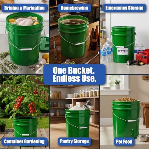 ePackageSupply 5 Gallon Bucket - Food Grade Bucket, Metal Handle Grip, BPA-Free, Heavy-Duty 90 Mil HDPE Plastic Pail, Stackable Utility Container, Made in USA, Lid Not Included, Green, 6 Packs