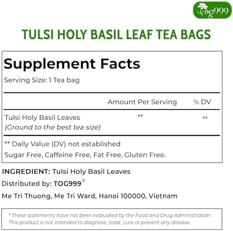 TOG999, Premium 120 Holy Basil Leaf Tea Bags, 100% Natural & Pure Holy Basil Leaves. Loose Leaf Holy Basil Herbal Tea. Holy Basil Leaf Tea. No Sugar, No Caffeine, No Gluten, Vegan.