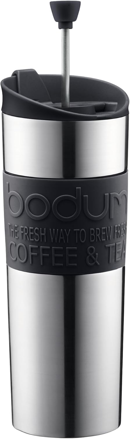 Bodum Travel Press, Vacuum Insulated, Stainless Steel Portable Coffee Maker and Tea Press, 15oz, Black