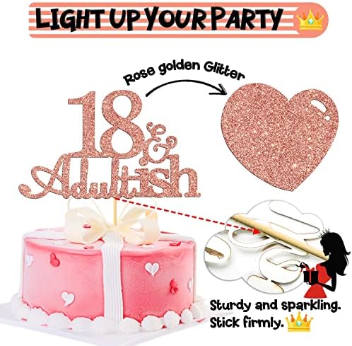 Rose Gold Glitter 18 and Adultish Cake Topper for Eighteen Birthday Party, Time To Adult Cake Decorations, 18th Birthday Party Decorations for Girls Boys