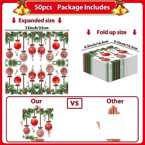 50pcs Christmas Guest Napkins 3 Ply Holiday Disposable Paper Pack Christmas balls Paper Luncheon Dinner Hand Napkins Christmas tree Theme Beverage Disposable Napkins for Xmas Party