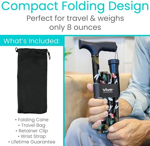 Vive Folding Cane - Foldable Walking for Men, Women Fold-up, Collapsible, Lightweight, Adjustable, Portable Hand Stick Balancing Mobility Aid Sleek, Comfortable (Black Butterfly)