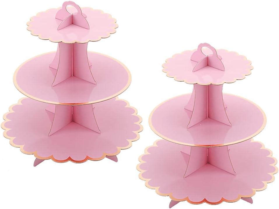 MRPAPA Pink Cardboard Cupcake Stand,2PCS Cup Cake Holder Thick Paper Dessert Tray, 3-Tier Round Serving Tray Perfect for Baby Girls Pink and Gold Birthday Baby Shower Party Supplies