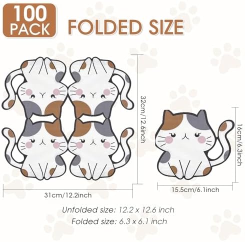 100Pcs Cat Napkins Cute Cartoon Kitten Shape Napkin Kitten Party Cocktail Napkins Set Suitable for Girls,Boys,Women Birthday,Baby Showers,Pet Enthusiasts,Cat Party Decorations Supplies (Cat Napkins)