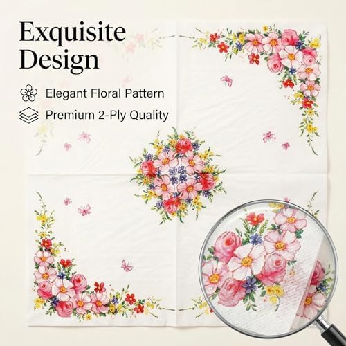 Pretty Floral Paper Napkins 6.5x6.5 inch 2-Ply Dinner Luncheon Napkin Disposable Decorative Party Table Tissue Napkin for Decoupage (CK13/20-Count)