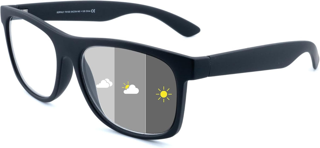 Photochromic Reading Glasses for Women Men, Womens Mens Full Reading Sun Glasses Variable Tinted Readers Grey Color Lens Black Frame, +1.75