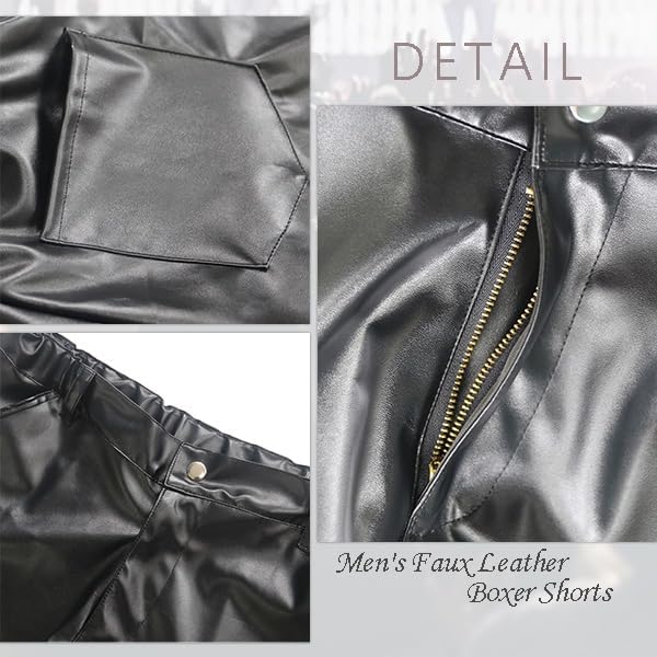 Men's PU Leather Shorts Flat Front Boxer Short Pants Straight Leg Hot Shorts with Pocket & Zipper for Men Casual