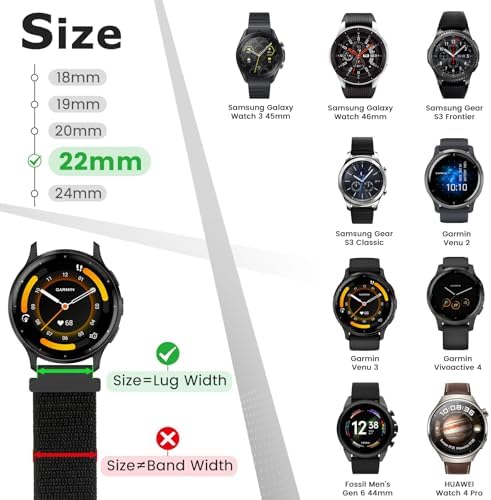 22mm Nylon Quick Release Watch Band Compatible with Samsung Galaxy Watch 3 45mm/Gear S3 Frontier/Garmin Venu 4 45mm/3 45mm/2/Vivoactive 4/Forerunner 570(47mm)/255/265/Amazfit Helio/Bip 6/5/Balance 2
