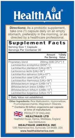 HealthAid ImmuProbio 50 Billion CFU with Prebiotic, 30ct, Once Daily, Acid & Bile Resistant Strains, Vegan