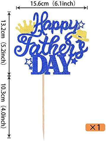 Rsstarxi 1 Pack Happy Father's Day Cake Topper Glitter Best Dad Cake Pick with Hat Crown Love Dad Cake Decorations for Happy Father's Day Birthday Party Supplies Blue