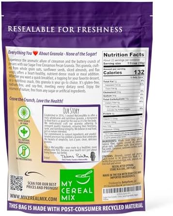 MyCerealMix Sugar Free Granola Cinnamon Pecan 24oz – Keto Diabetic Friendly Cereal, High Fiber, Gluten Free, Plant-Based, No Sugar Added, Monk Fruit, Healthy Breakfast, Non-GMO Oats