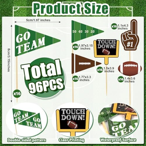 96 Pcs Football Cupcake Toppers, Football Themed Party Favors, Footballs Decorations for Sports Birthday Tailgate Party Team Day Supplies