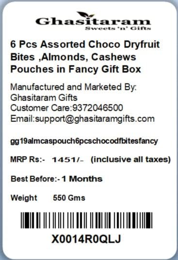 Ghasitaram Gifts Rakhi Gifts for Brothers Rakhi Chocolate 6 Pcs Assorted Choco Dryfruit Bites,Almonds, Cashews Pouches in Fancy Gift Box with Pearl Rakhi