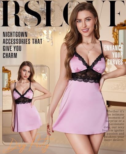 RSLOVE Women's Lingerie Sexy Nightgown – V Neck Satin Babydoll Chemise Lace Slip Dress Sleepwear Loungewear