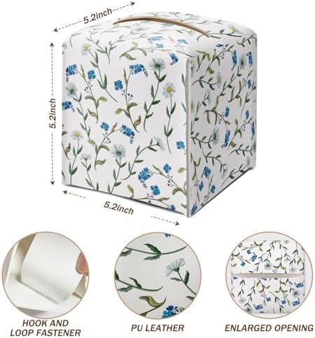 Dasiy and Blue Floral Tissue Box Cover Square with Bottom Belt, Leather Waterproof Tissue Holder Facial Paper Case for Tabletop Home Office Bathroom Car Decor -01