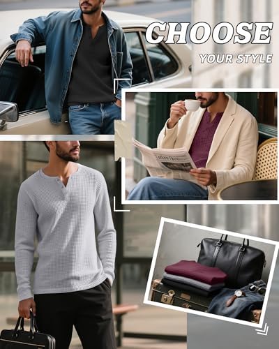 3 Pack Men’s Waffle Henley Shirts, Long Sleeve Button Tops Casual Basic T-Shirts Lightweight Knit Pullover