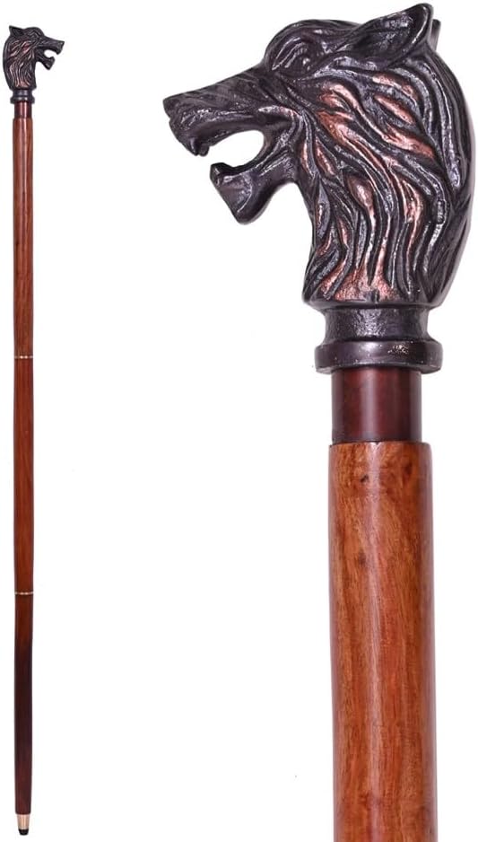 Handmade Vintage Walking Cane Wooden Walking Stick with Antique Wolf Head Brass Handle Gift for Men & Women