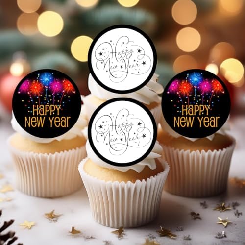 Happy New Year 2026 Edible Cupcake Toppers,New Years Eve Party Supplies, HNY Edible Cake Decorations, Black and Gold Cookie Decorations, 24 x 4cm /1.5 Inch Wafer Card Discs