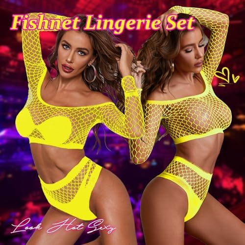 Sexy Lingerie for Women Fishnet Lingerie Sets for Women Two Piece Rave Outfits Mesh Long Sleeve Bodysuit Nightwear