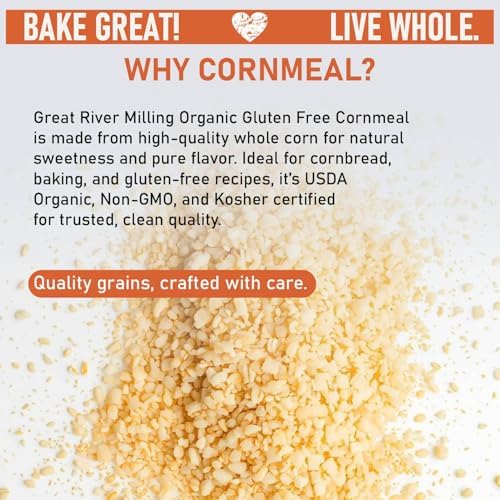 Great River Milling Organic Medium Grind Cornmeal | USDA Organic, Gluten Free, Non-GMO, Kosher | Hearty Texture for Cornbread, Polenta, Muffins, Pancakes & Baking | 5 Lb