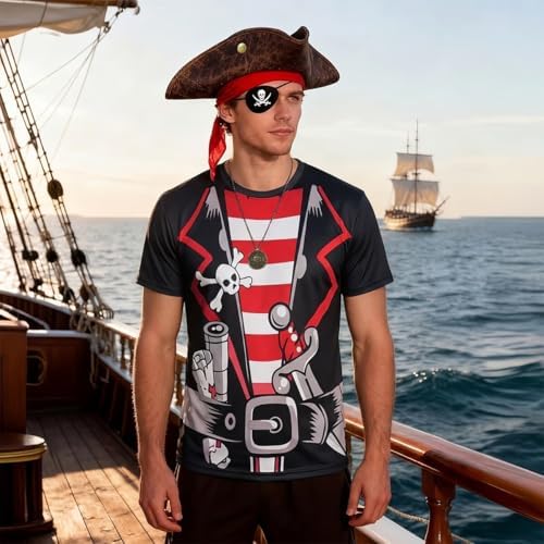 VillbeCoser 5Pcs Pirate Costume Men with Pirate Accessories Anime Captain Shirt Pirates Hat Cosplay Outfit Crewneck Tee