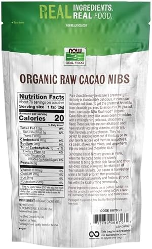 NOW Foods, Organic Raw Cacao Nibs, Rich, Pure Cacao Bean Bits, Dark Chocolate Flavor, Certified Non-GMO 8-Ounce (Packaging May Vary)