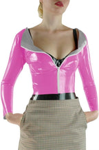 Women Glossy PVC Front Zip Blouse Wide Lapel Wetlook Office Long Sleeve Top