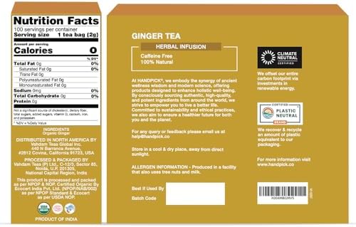 HANDPICK, Organic Ginger Tea Bags (100 Herbal Tea Bags), Caffeine Free & 100% Pure Ginger Root |Soothing & Spicy Blend | Round Eco Conscious Teabags