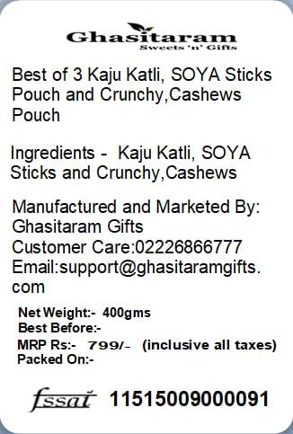 Ghasitaram Gifts Rakhi Gifts for Brothers Rakhi Sweets - Best of 3 Kaju Katli, SOYA Sticks Pouch and Crunchy Coated Cashews Pouch with 2 Pearl Beads Rakhis