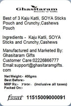 Ghasitaram Gifts Rakhi Gifts for Brothers Rakhi Sweets - Best of 3 Kaju Katli, SOYA Sticks Pouch and Crunchy Coated Cashews Pouch with 2 Pearl Beads Rakhis