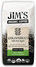 Jim’s Organic Coffee – Colombian – Single Origin, Medium Roast - Whole Bean 12 oz Bag