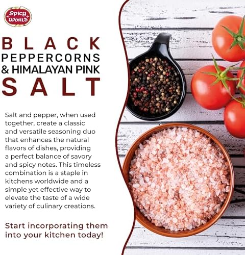 Spicy World Whole Black Peppercorns 16 Oz + Himalayan Pink Salt Coarse 1.75 LB (28 Oz)
