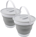 SAMMART 5.5L (1.4 Gallon) Collapsible Plastic Bucket with Lid - Foldable Round Tub with Lid - Portable Fishing Water Pail - Space Saving Outdoor Waterpot. (White/Grey (Set of 2))