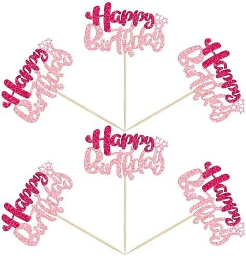 Ephlyn 24Pcs Happy Birthday Cupcake Toppers Double Layer Glitter Happy Birthday Cake Decorations for Celebrating Baby Shower Theme Kids Boys Girls Birthday Anniversary Party Supplies Rose Red Pink
