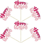 Ephlyn 24Pcs Happy Birthday Cupcake Toppers Double Layer Glitter Happy Birthday Cake Decorations for Celebrating Baby Shower Theme Kids Boys Girls Birthday Anniversary Party Supplies Rose Red Pink