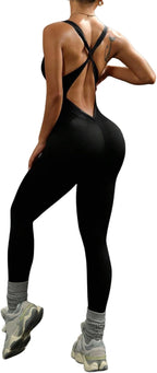 WDIRARA Women's Workout Jumpsuit V Neck Sleeveless Criss Cross Backless Yoga Jumpsuit Pants Romper