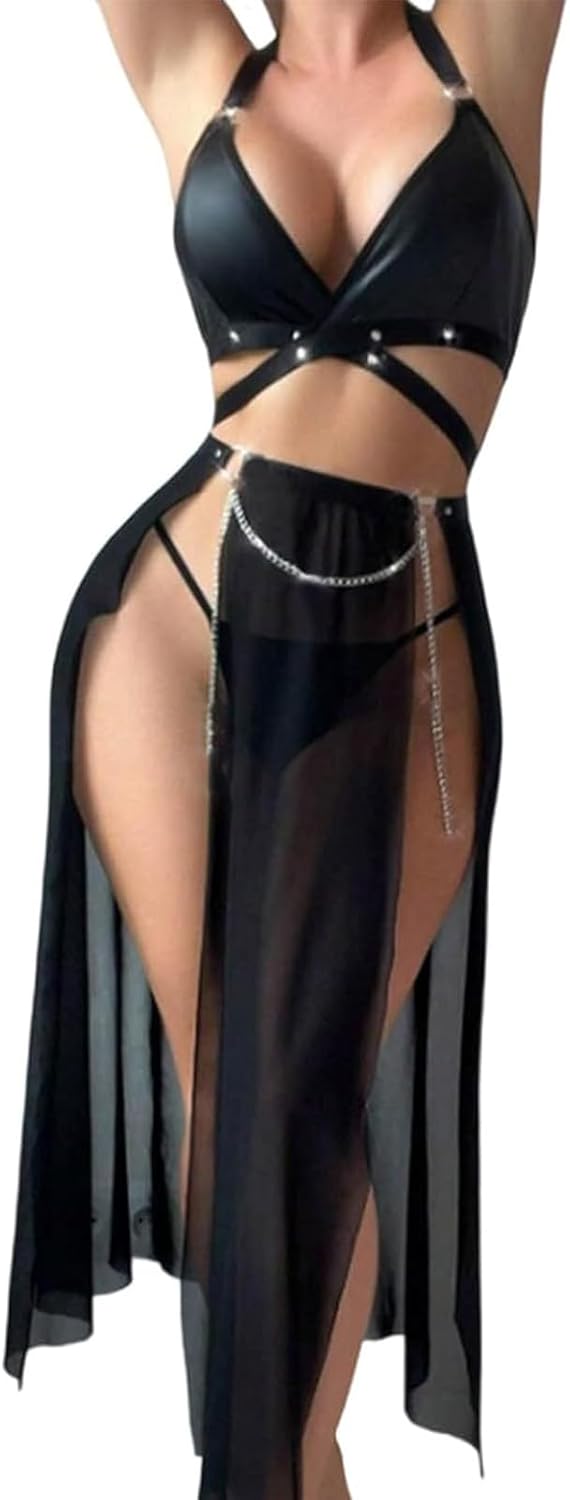 Sexy lingerie for Women,Mesh Sheer Long Dress and Thong 2Piece Set PU Leather Halter Bra Sheer Nightwear for Roleplay