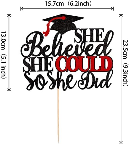 1 PCS She Believed She Could So She Did Cake Topper with Glitter Grad Cap Cake Pick Class of 2026 Senior Graduation Cake Decoration for 2026 Graduation Theme Party Decorations Supplies Black Red