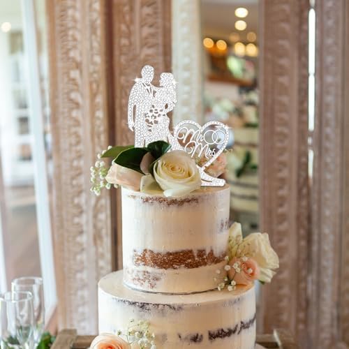 Jaciya Wedding Cake Topper Rhinestone Mr and Mrs Cake Topper Bride and Groom Bridal Shower Party Metal Silver Wedding Decorations Supplies
