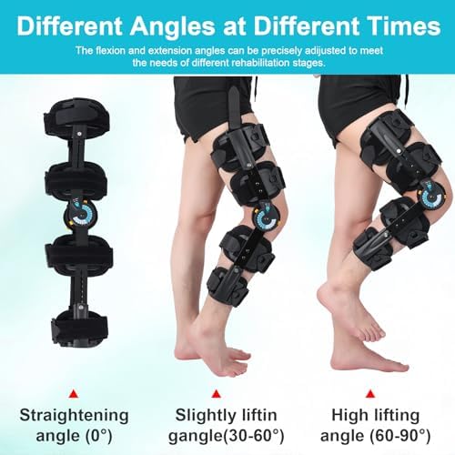 Hinged ROM Knee Brace with Side Stabilizers, Adjustable Post Op Knee Support Orthosis Immobilizer for ACL, PCL and MCL Injury, Medical Knee Orthopedic Support, Leg Stabilizer for Left or Right Leg, Men and Women (Blue)