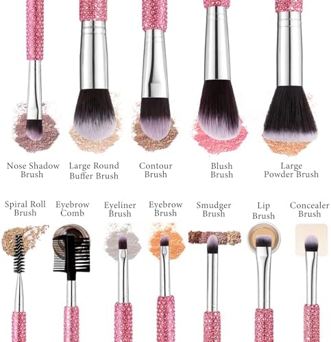 Nuogo Pink 13 Pcs Rhinestone Makeup Brushes Set 12 Bling Crystal Professional Face Cosmetics Blending Liquid Foundation Powder Concealer Eye Shadows Make up Beauty Tool Glitter with 1 Holder