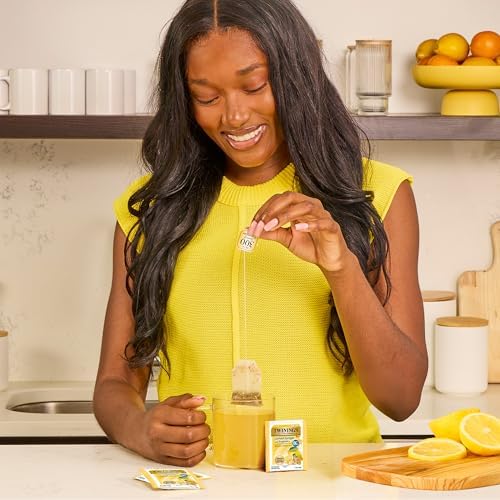 Twinings Lemon & Ginger with Probiotics Flavoured Herbal Tea, Supports Healthy Digestion, Naturally Caffeine-Free, 18 Tea Bags (Pack of 1), Enjoy Hot or Iced, 18 Teabags